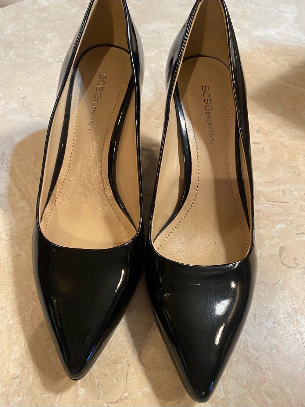BCBGeneration Black Patent Pointed Toe Heels